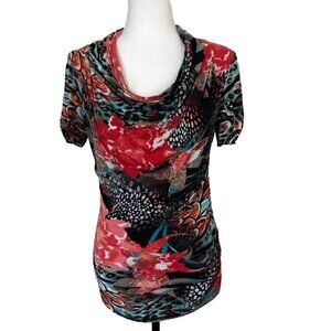 FRANK LYMAN Short Sleeve Top Blouse Floral Cowl Neck Ruched Sides Size 10?